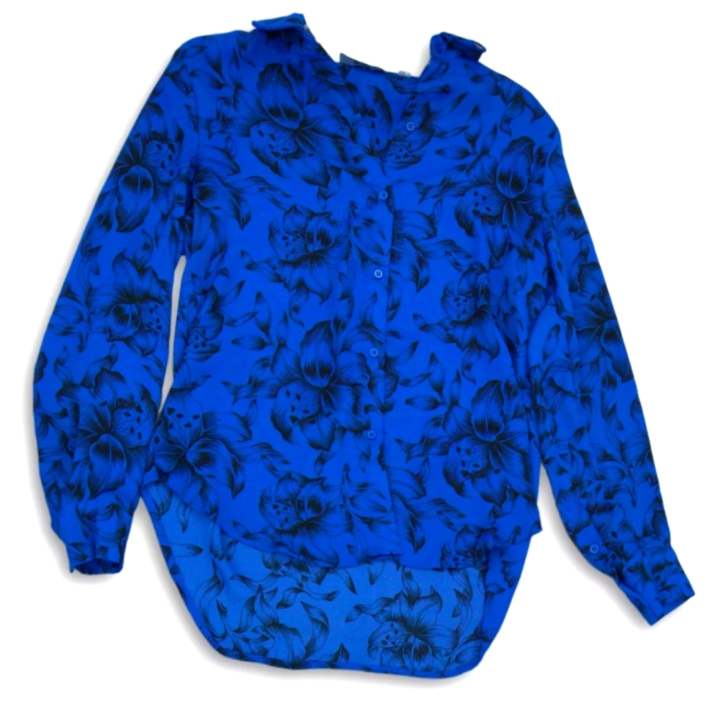SOLD. Tahari  Blue Black Floral Collared Long Sleeve Button-Up Shirt Size M/M